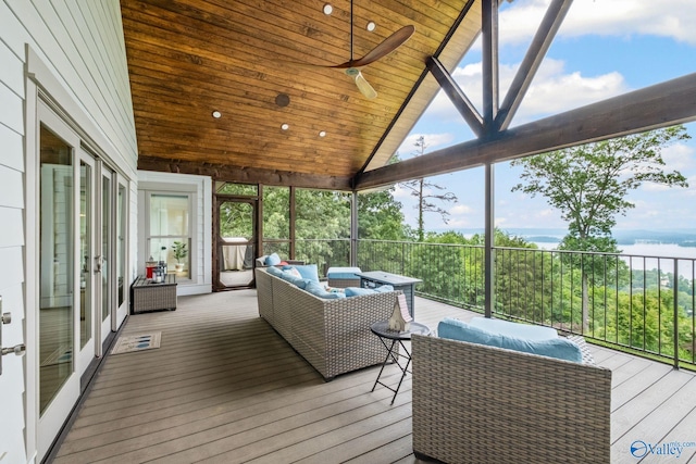 139 Summit Pt, Guntersville, AL 35976 - sunroom featuring an outdoor living space, a water view, french doors, lofted ceiling, and a ceiling fan