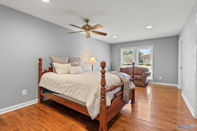bedroom with recessed lighting, baseboards, a ceiling fan, and light wood finished floors