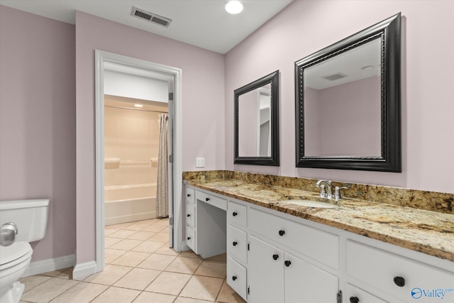 full bath featuring tile patterned flooring, visible vents, toilet, shower / bath combo, and vanity