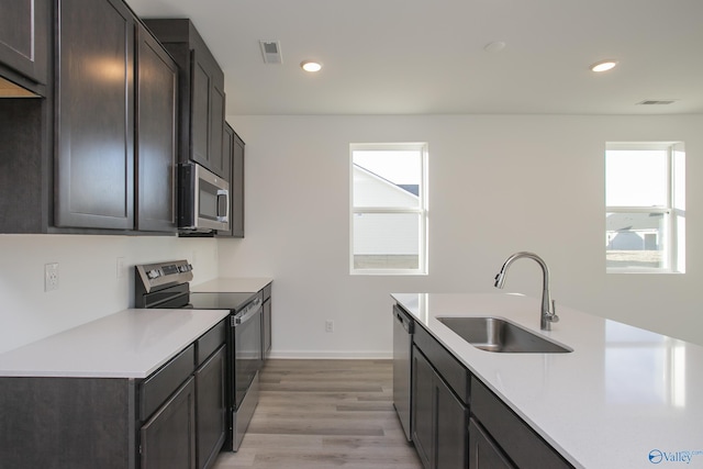 kitchen with dark brown cabinetry, sink, stainless steel appliances, and light hardwood / wood-style floors