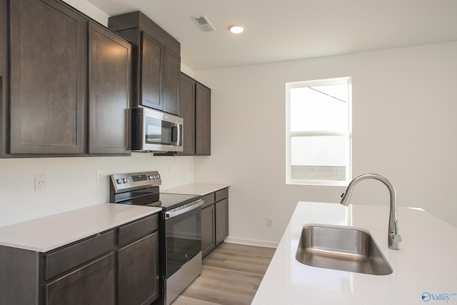 kitchen featuring stainless steel appliances, dark brown cabinets, sink, and light hardwood / wood-style floors