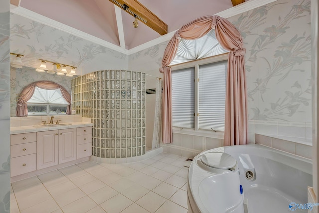 bathroom featuring vanity, tile patterned flooring, lofted ceiling with beams, and a washtub