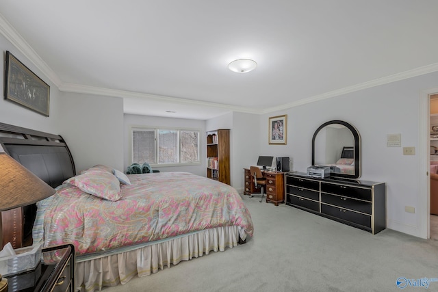 carpeted bedroom with crown molding