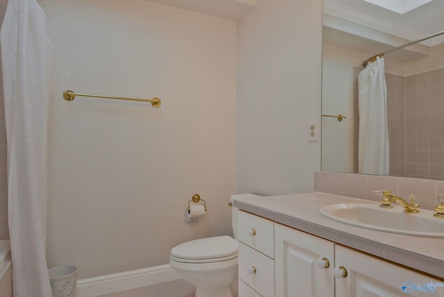 bathroom featuring tasteful backsplash, vanity, curtained shower, tile patterned floors, and toilet