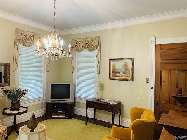 living room featuring crown molding and a notable chandelier
