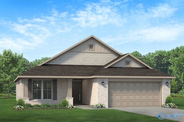 craftsman-style house featuring an attached garage, brick siding, concrete driveway, a front lawn, and board and batten siding