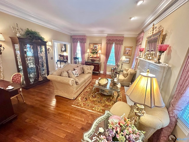 living room featuring wood-type flooring and ornamental molding