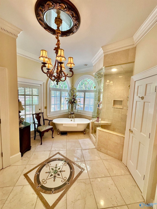 bathroom with separate shower and tub, crown molding, a chandelier, and a healthy amount of sunlight