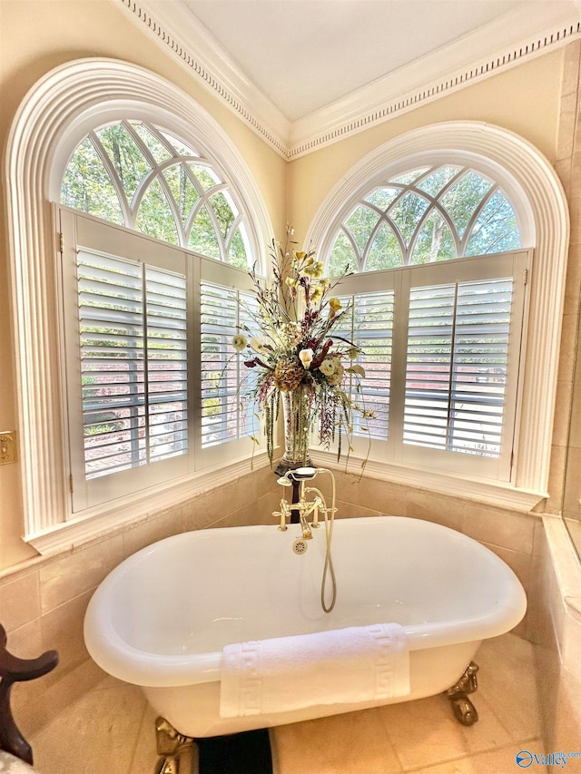 bathroom featuring tile patterned flooring, ornamental molding, and a washtub