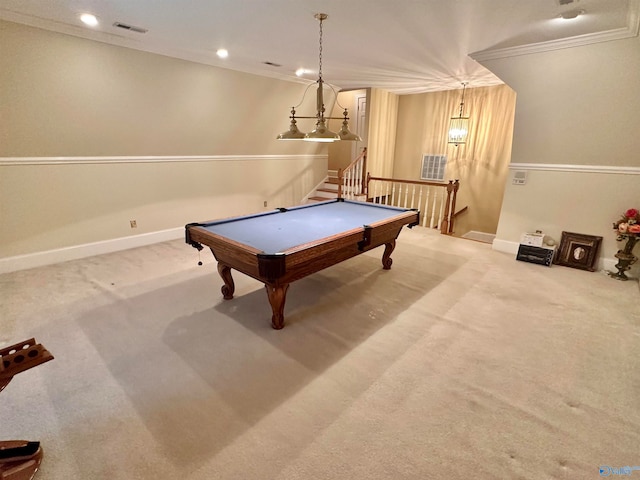 recreation room with pool table, carpet flooring, and crown molding