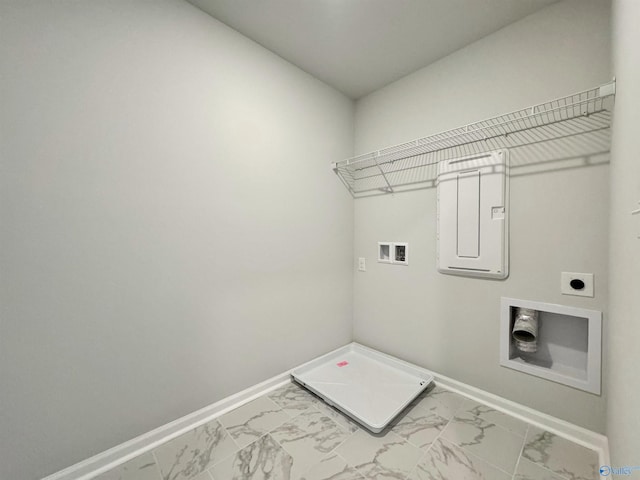 washroom with washer hookup, laundry area, marble finish floor, and hookup for an electric dryer