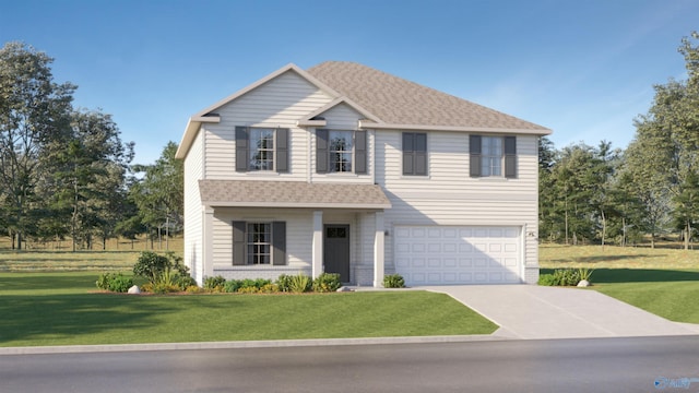 traditional-style home featuring a garage, driveway, a front yard, and a shingled roof