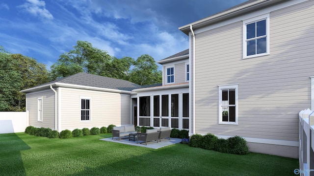 rear view of house featuring a yard, outdoor lounge area, and a patio area