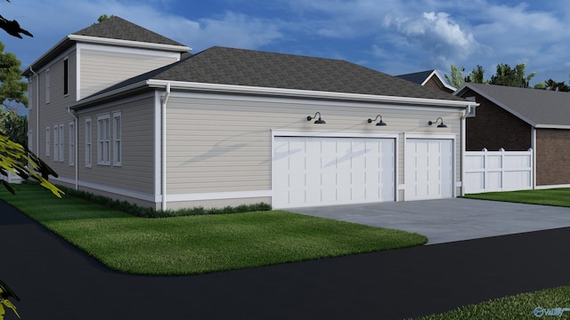 exterior space featuring a garage and a front lawn