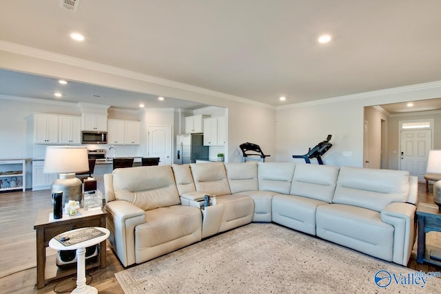 living room featuring light hardwood / wood-style flooring, crown molding, and sink