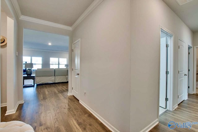 corridor featuring ornamental molding and hardwood / wood-style flooring