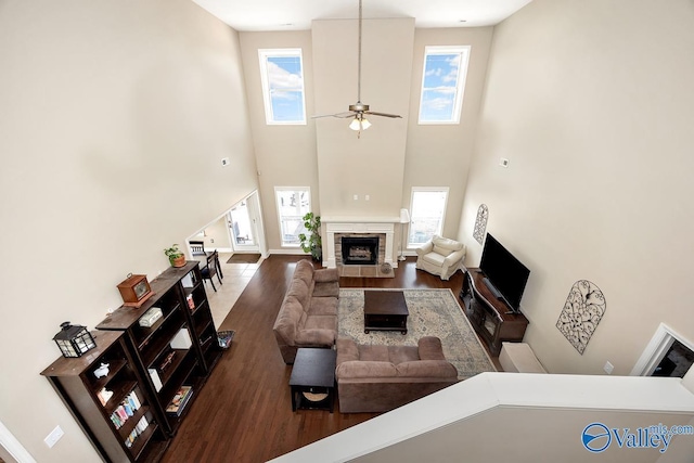 living room with a healthy amount of sunlight, a fireplace, and wood finished floors