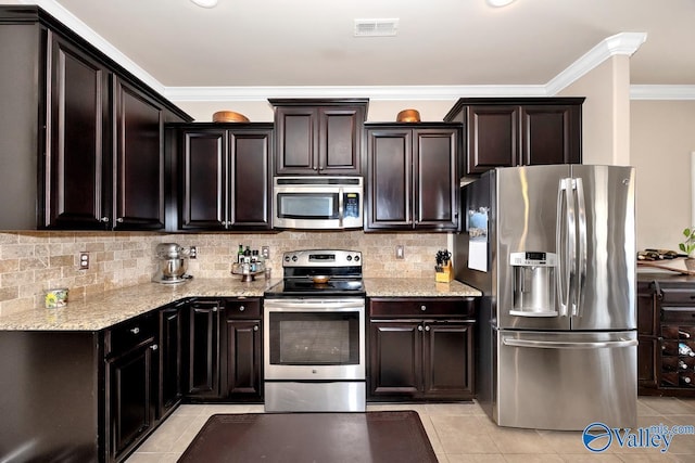 kitchen with stainless steel appliances, visible vents, light stone countertops, tasteful backsplash, and crown molding