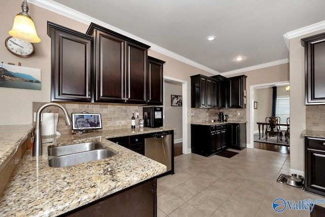 kitchen featuring a sink, ornamental molding, backsplash, light stone countertops, and dishwasher