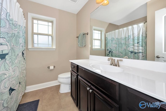 bathroom featuring toilet, visible vents, vanity, baseboards, and tile patterned floors