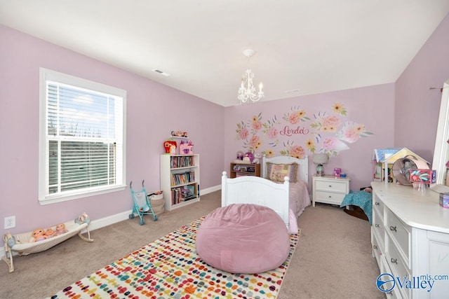 bedroom featuring light carpet, baseboards, visible vents, and an inviting chandelier