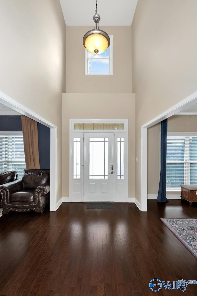 foyer featuring a towering ceiling, plenty of natural light, baseboards, and hardwood / wood-style floors