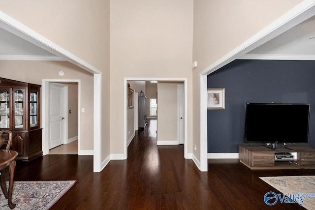 foyer entrance featuring ornamental molding, a high ceiling, baseboards, and wood finished floors