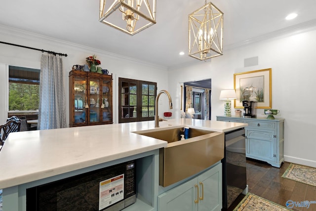 1176 N Lake Forest Dr, Southside, AL 35907 - kitchen featuring a sink, a chandelier, dishwasher, light countertops, and dark wood-type flooring