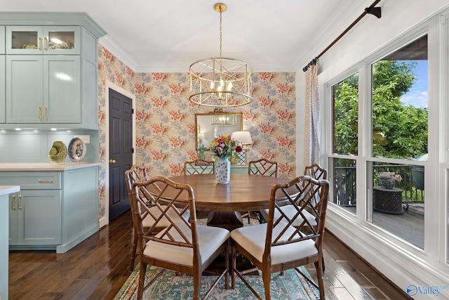 1176 N Lake Forest Dr, Southside, AL 35907 - dining area featuring dark wood finished floors, wallpapered walls, and ornamental molding