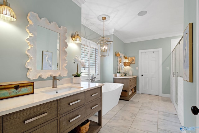 1176 N Lake Forest Dr, Southside, AL 35907 - full bath with crown molding, a sink, a stall shower, marble finish floor, and two vanities