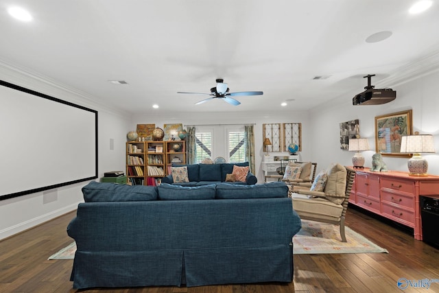 1176 N Lake Forest Dr, Southside, AL 35907 - home theater with recessed lighting, dark wood finished floors, crown molding, and a ceiling fan
