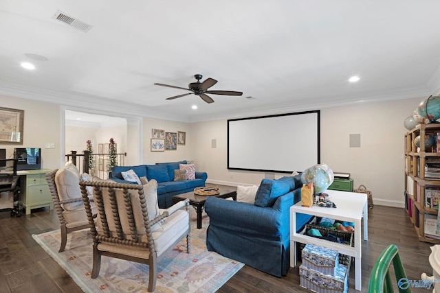 1176 N Lake Forest Dr, Southside, AL 35907 - home theater room with recessed lighting, visible vents, a ceiling fan, ornamental molding, and dark wood-style flooring