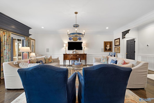 1176 N Lake Forest Dr, Southside, AL 35907 - living area featuring a wainscoted wall, dark wood-style floors, a chandelier, and crown molding