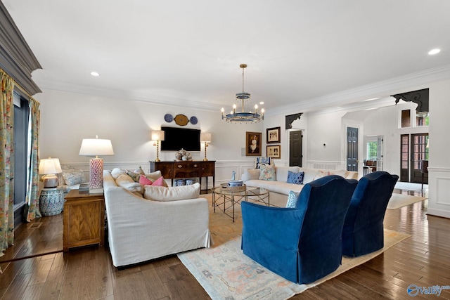 1176 N Lake Forest Dr, Southside, AL 35907 - living area featuring recessed lighting, ornamental molding, wood-type flooring, wainscoting, and a notable chandelier
