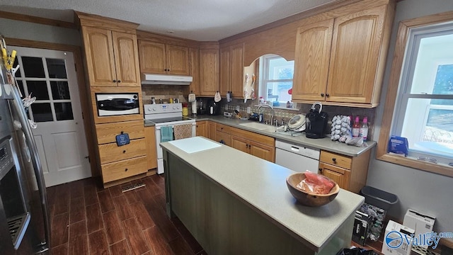 kitchen with wood finish floors, decorative backsplash, a sink, white appliances, and under cabinet range hood