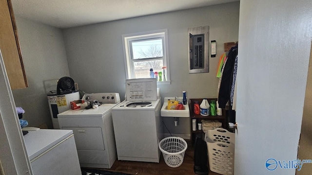 laundry area with laundry area, a sink, water heater, independent washer and dryer, and electric panel