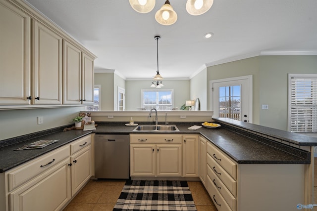 kitchen with dishwasher, kitchen peninsula, sink, hanging light fixtures, and light tile patterned floors