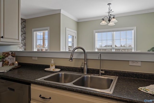 kitchen with black dishwasher, pendant lighting, a chandelier, crown molding, and sink