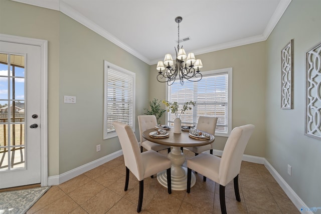 tiled dining space with a notable chandelier and crown molding