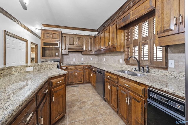 kitchen with decorative backsplash, crown molding, a sink, dishwashing machine, and stainless steel dishwasher