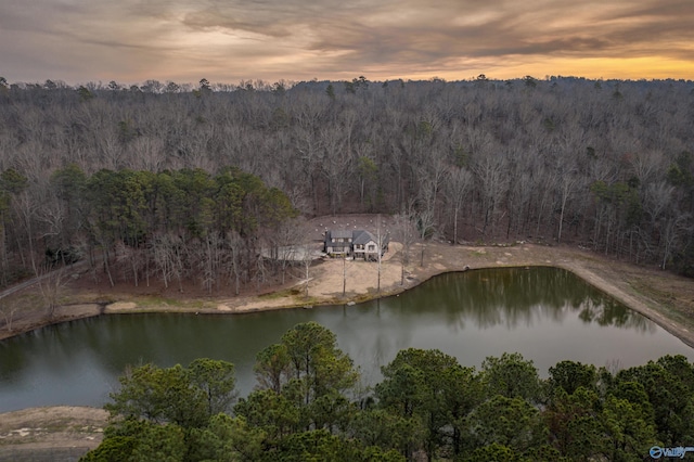 birds eye view of property with a wooded view and a water view
