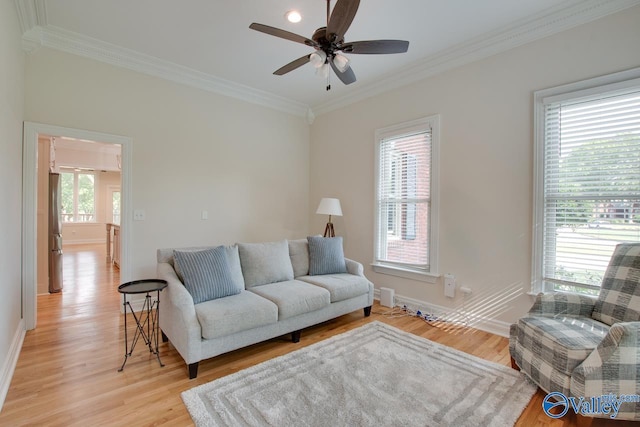 living area featuring baseboards, ornamental molding, a ceiling fan, and light wood-type flooring