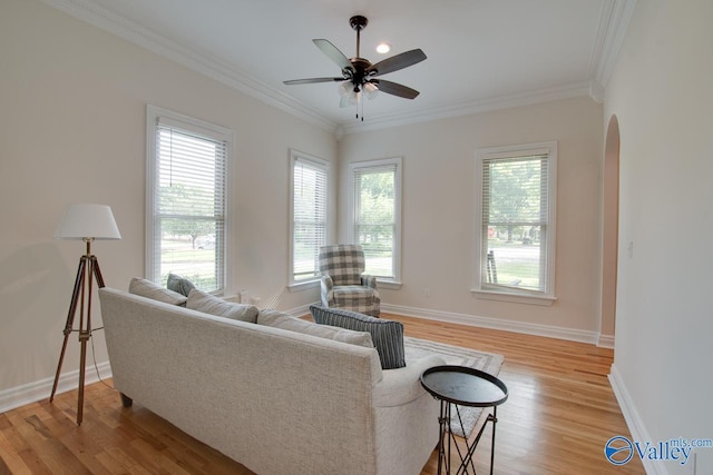 living area with ceiling fan, ornamental molding, and light wood finished floors