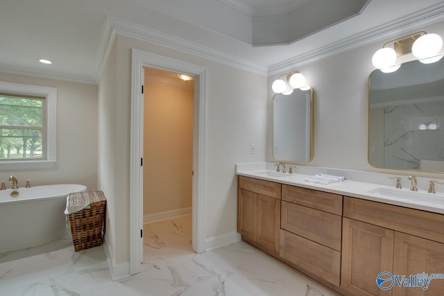 full bathroom featuring a soaking tub, a sink, and marble finish floor