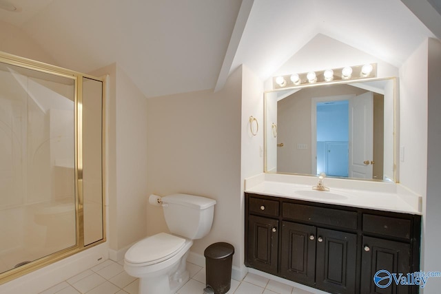 full bathroom with vanity, toilet, tile patterned floors, and a stall shower