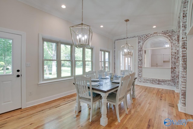 dining room featuring crown molding, baseboards, recessed lighting, a chandelier, and light wood finished floors