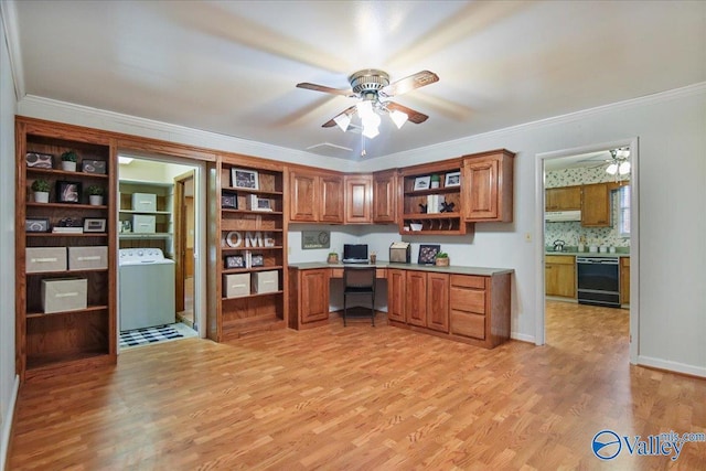 210 Spring Valley Ct SW, Huntsville, AL 35802 - office space featuring ceiling fan, built in desk, washer / dryer, light wood-style floors, and crown molding