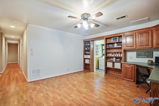 210 Spring Valley Ct SW, Huntsville, AL 35802 - unfurnished office featuring built in study area, light wood-style floors, crown molding, ceiling fan, and recessed lighting