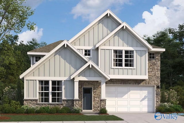 view of front of property featuring a garage, board and batten siding, concrete driveway, and stone siding
