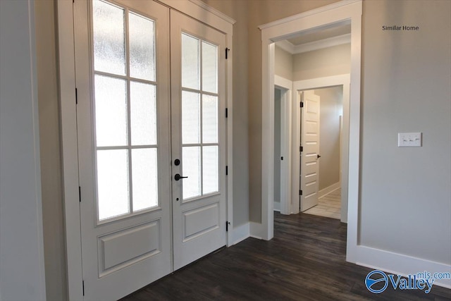 MCKINLEY-A1 Capshaw Rd, Athens, AL 35613 - doorway to outside with french doors, baseboards, dark wood finished floors, healthy amount of natural light, and crown molding